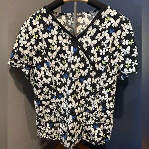Butterfly Print Black Scrub Top